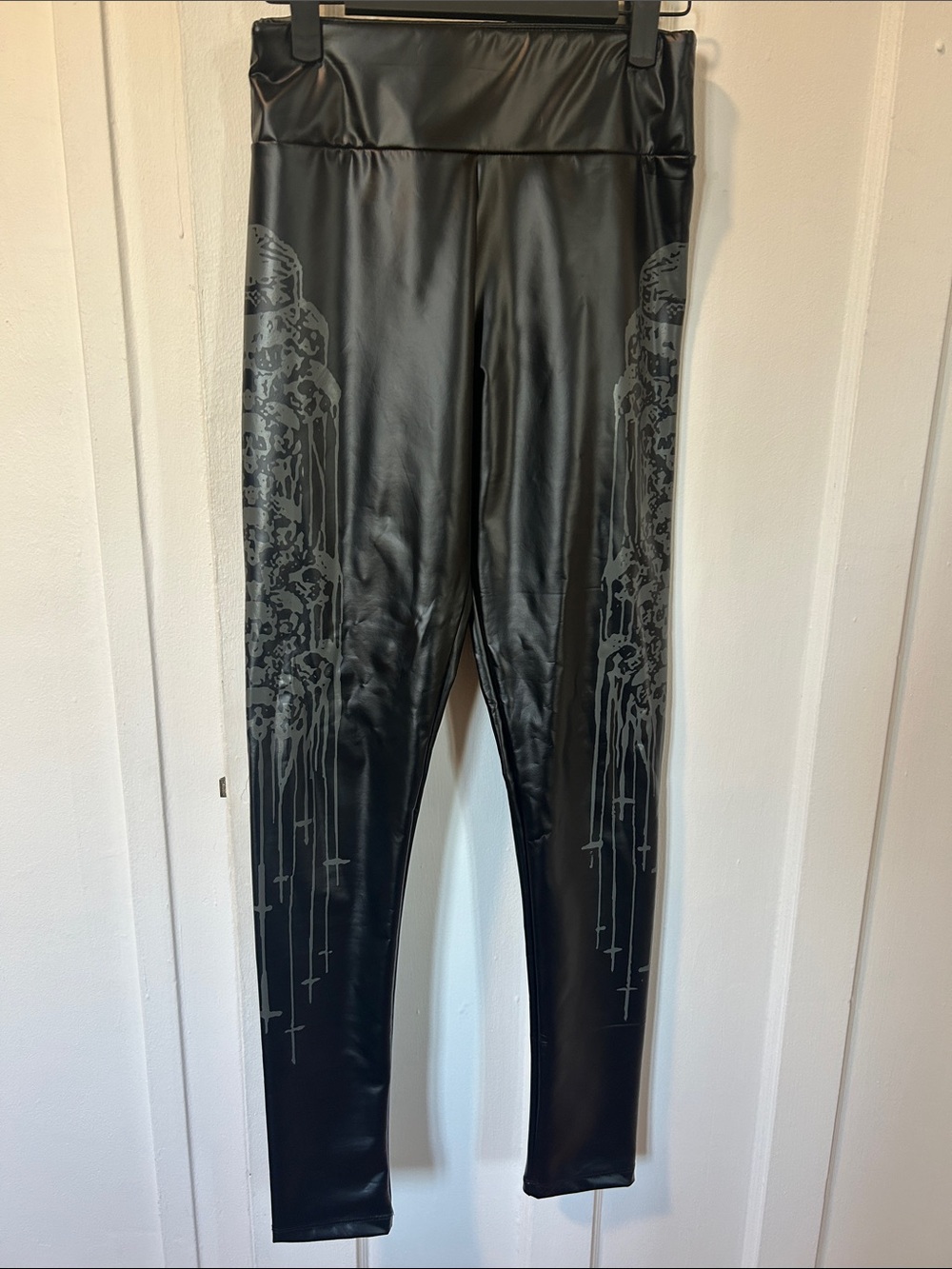 Killstar Black Faux Leather Leggings with Subtle Grey Gothic Side Print